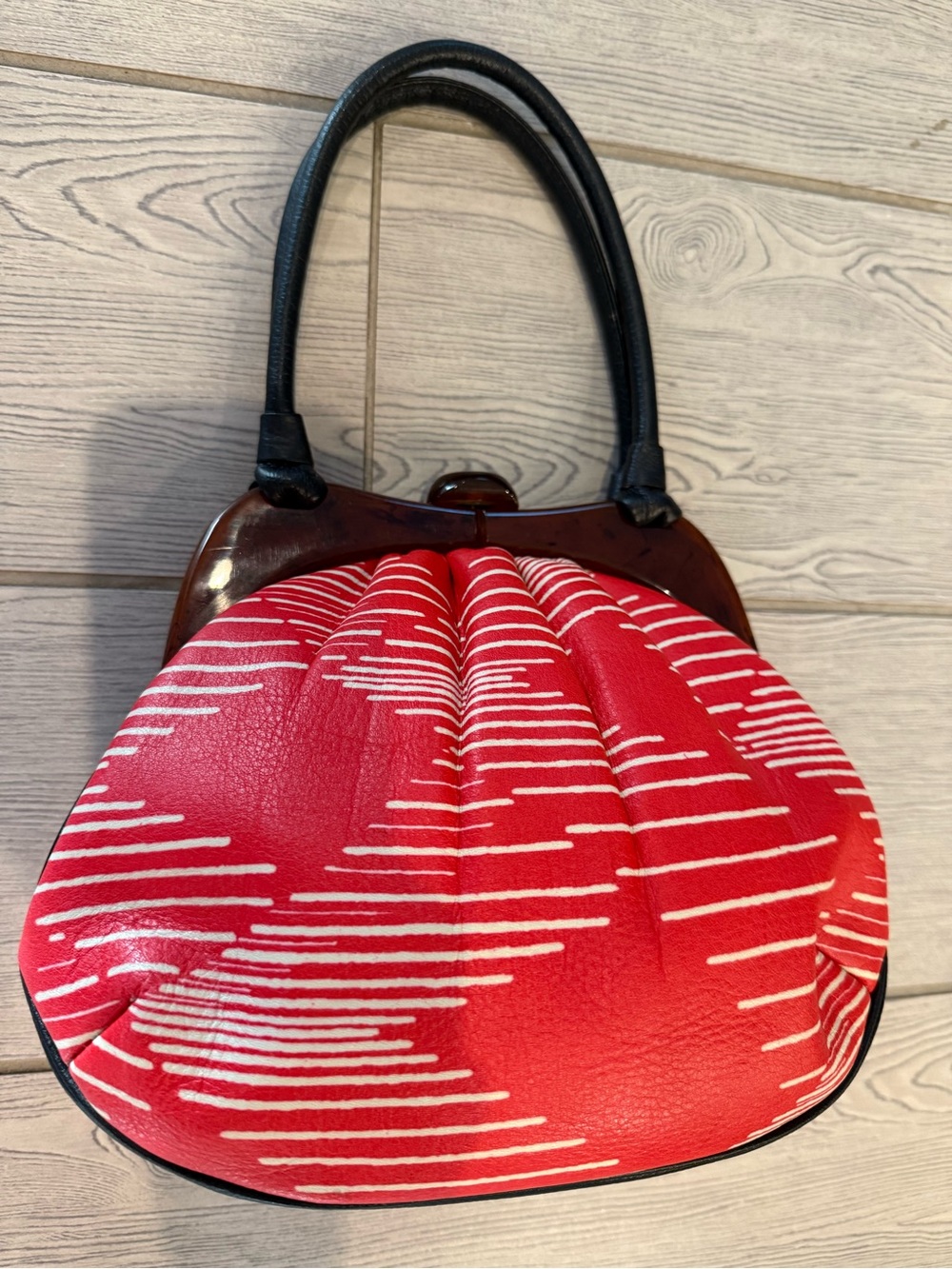 Vintage Japanese Waso Kimono Bag Red Patterned Dome Faux Tortoise Handbag